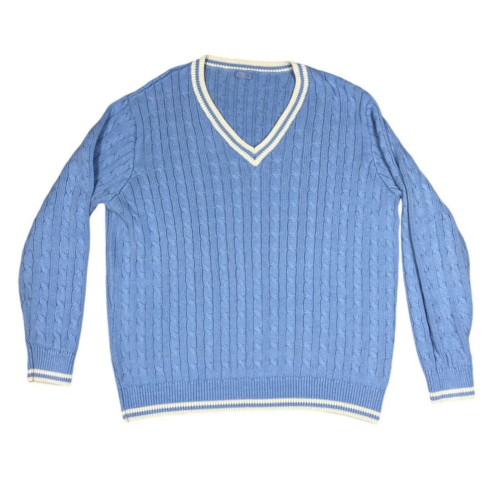 John Galt Womens Blue Cable Knit Pullover V-Neck Sweater